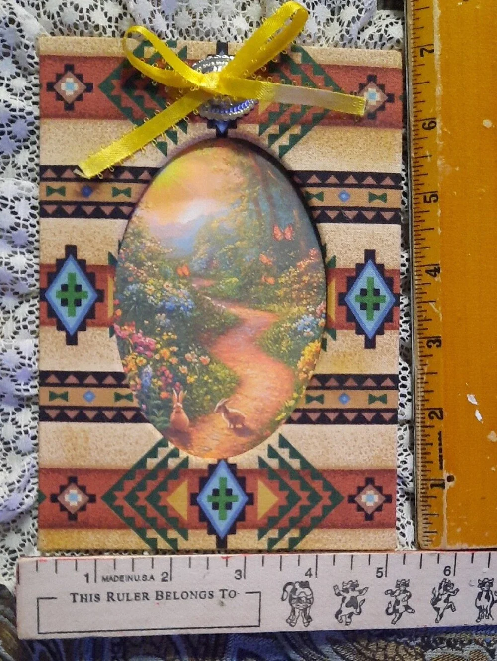 Navajo Handmade  Decorative Picture Frame with Sample  Oval Artwork and Lace